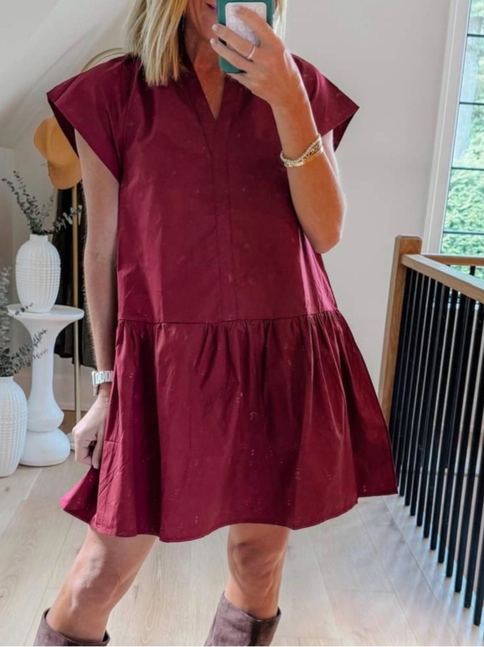 Pinch Short Sleeve V-Neck Tiered Mini Dress in Burgundy